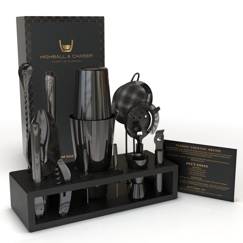 Highball  Chaser Highball & Chaser 13-Piece Gunmetal Black Stainless Steel Boston Cocktail Shaker Bar Tool Set with Mixology Bartender Kit Accessories - Image 1